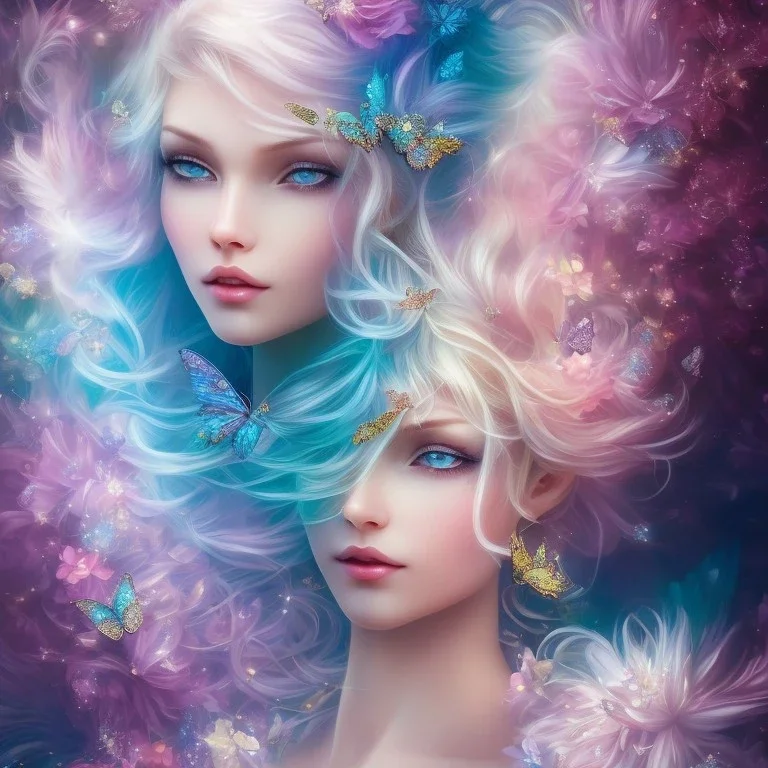 bright fairy, beautiful portrait, blond hair,blue eyes, flowery luminous pastel colors, butterfly