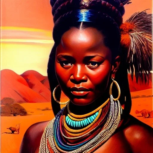 Drawing of 'woman from Zulu tribe',sweet stare,painting by Earl Norem, simon Bisley,frazetta,西嘛哒, evan lee, Vallejo,kelly,Paul Gauguin oil on canvas, cinematic composition, extreme detail,fit full head inside picture,8k