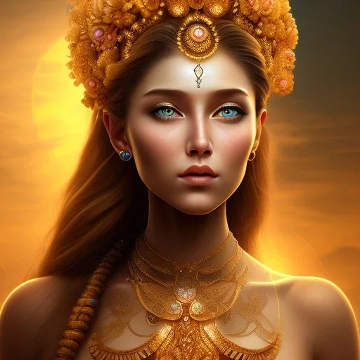 Nayanthara flower goddess , face and shoulders , golden hour , circuitry, 16k , beautiful eyes