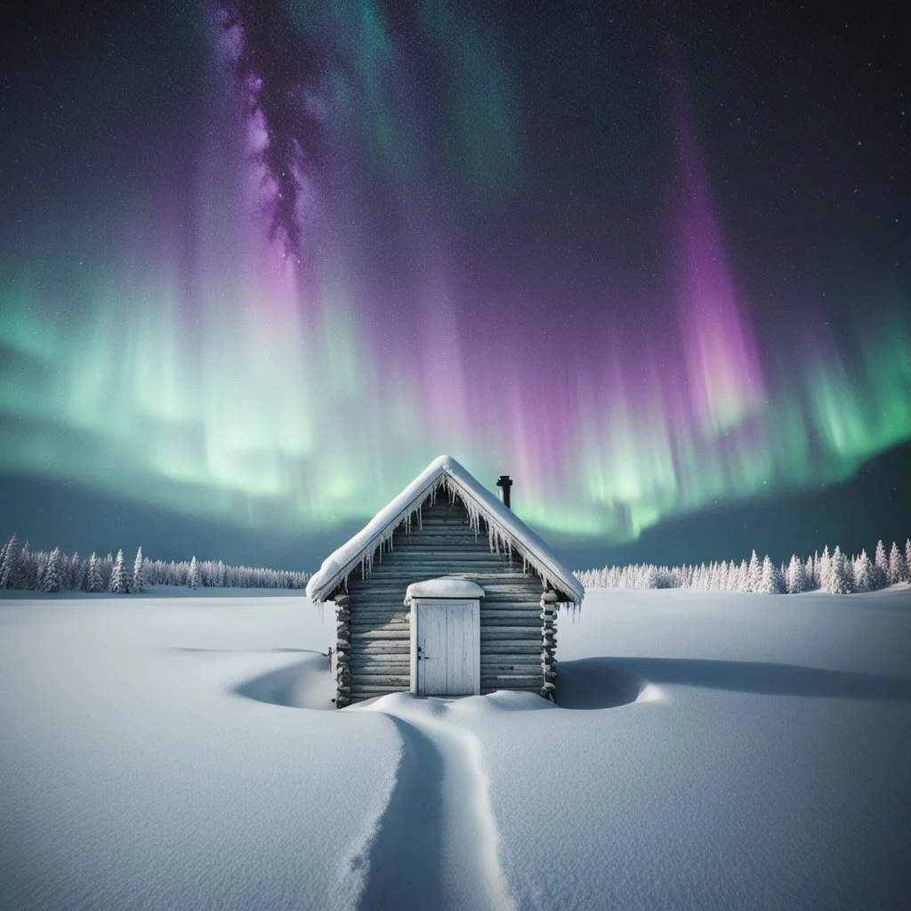 analog film minimal liminal icy a frame dimly lit cabin front elevation squared off and centered with icy trees behind and brilliant purple green aurora borealis - foreground is simple snowy field