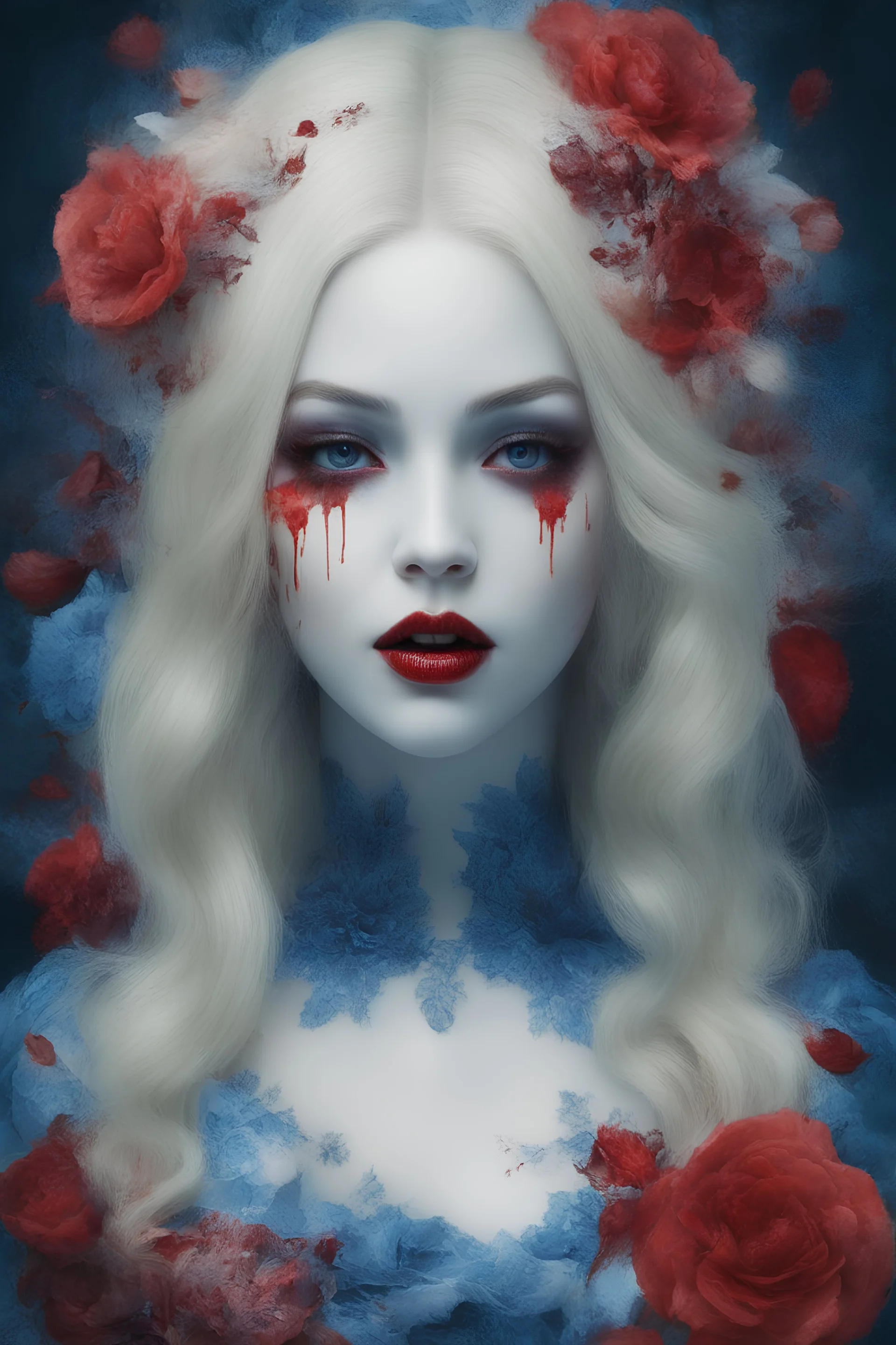 blue, large, woman, blonde, floral designs, atmospheric, beautiful, China Doll, Vampiric, horrifying, blood dripping, brain matter,