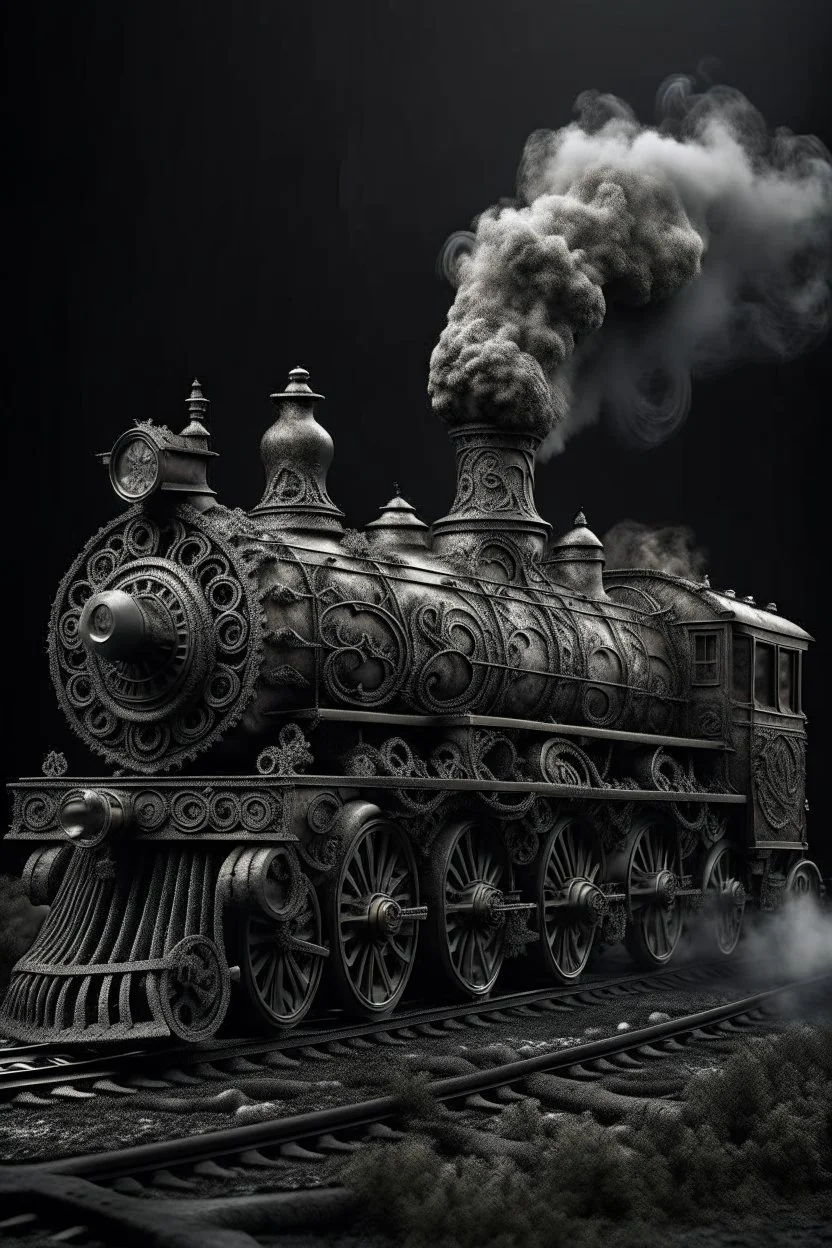 A steam train made of swirling smoke, with intricate patterns and designs on the locomotive's body. The artwork uses focus stacking and digital art techniques to create a surreal and detailed background. The dark, white and gray style depicts hyperrealistic sculptures and hyperdetailed illustrations of surreal and dreamy landscapes in the style of hyperphotorealism. Silver, black and grey colors are used.