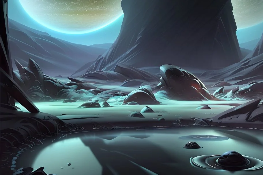 Grey Exoplanet in the hotizon, rocks, Night, lagoon reflection, sci-fi, epic, otto pippel painting