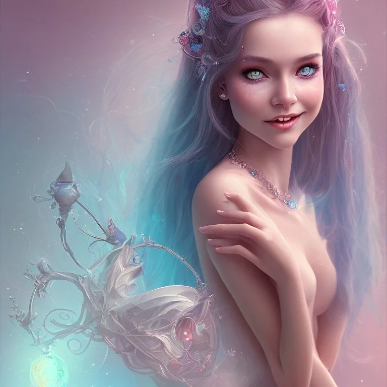 portrait, visage sourire, fée, magicienne, fantasy, bleu et rose