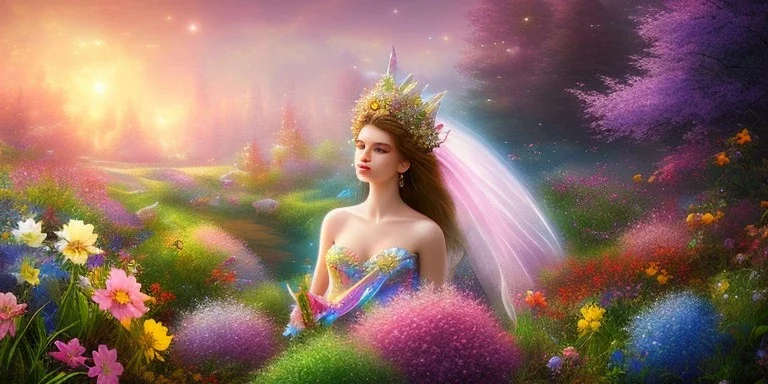 bright fairy, beautiful portrait, flowery landscape