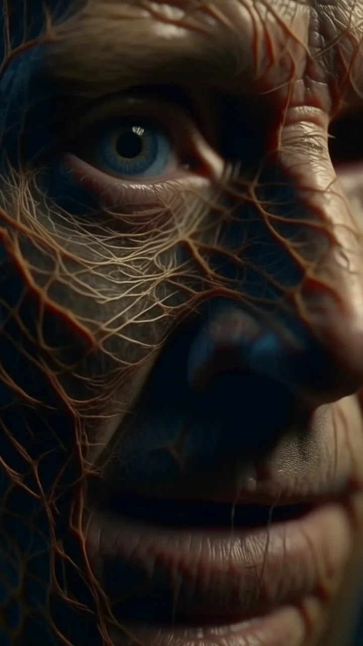 A hyperrealistic macro shot of a dead man face out of a spider web, intricate details, soft natural light, screen captured from 4K Blu-ray