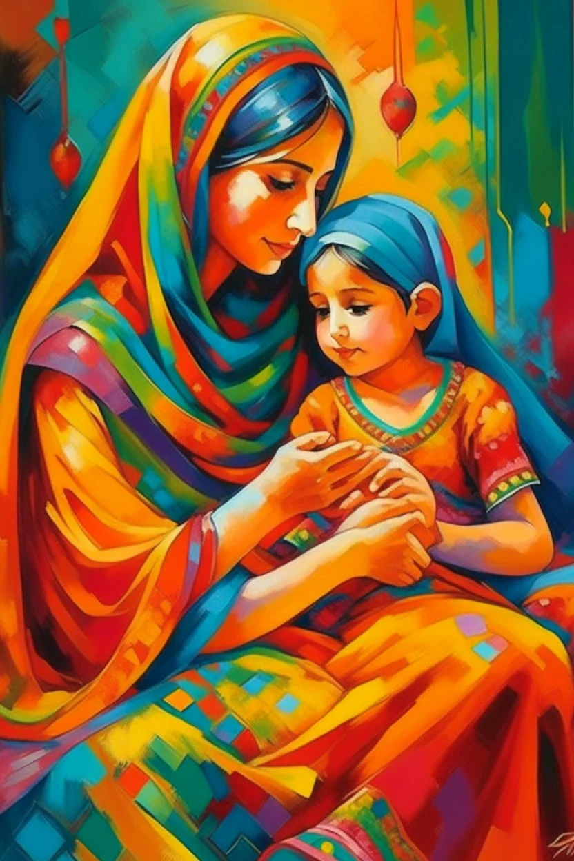 oriental arabic woman with child playing with each other painting colorfull