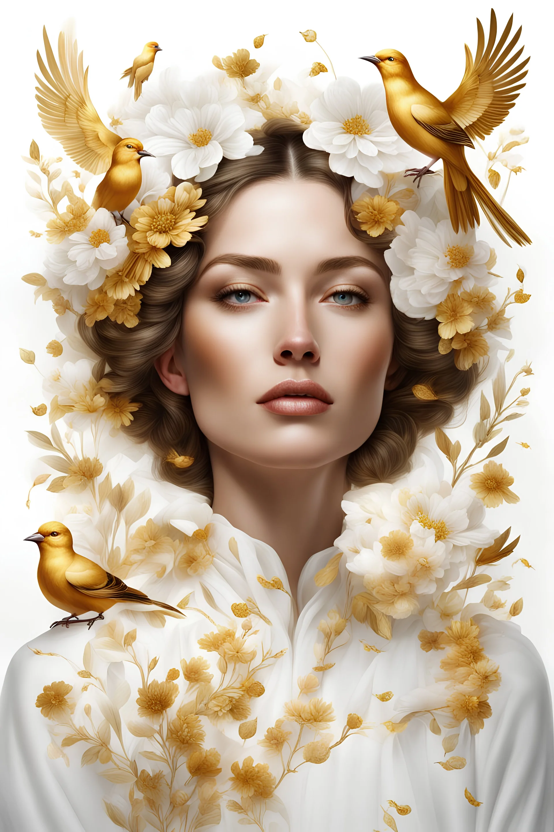 White background, portrait of a Woman, flowers of gold, golden birds