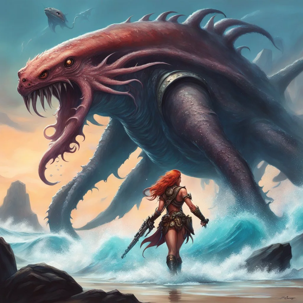 Barbarian warrior woman with a heavy gun gripped tightly in her hands fighting giant monster squid., the spaceship emits eerie, otherworldly sounds that reverberate through the barren landscape. Her regal attire billows behind her as she sprints across the vast, sandy ocean. Its drooly, drooling head looms dangerously close, dripping with acidic saliva.