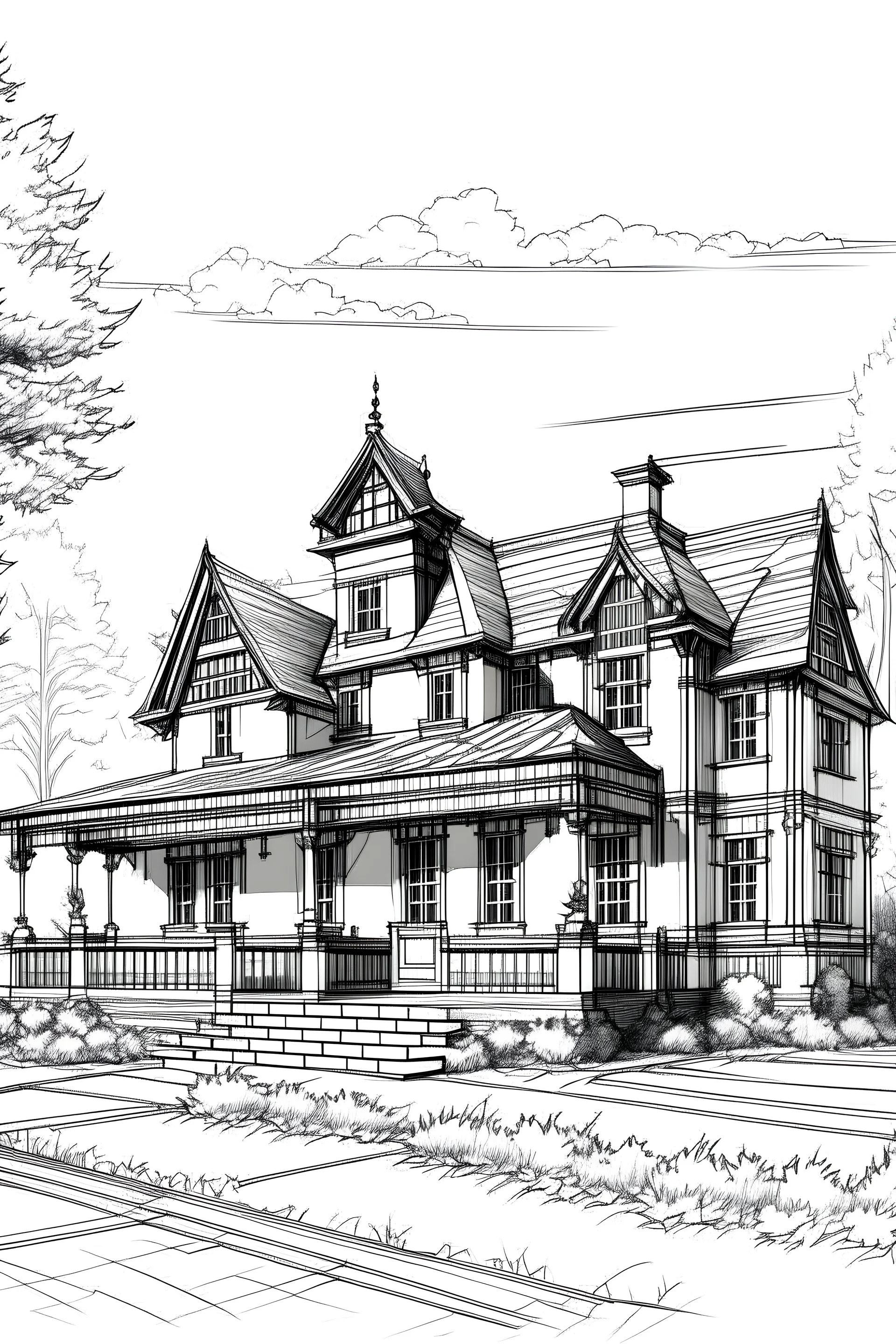 black and white architectural rendering of a luxury HOME styled IN THE FORM OF FRENCH COUNTRY house rough sketch