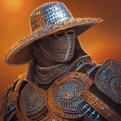 portrait,"Insanely detailed photograph of an armored mariachi warrior", highly intricate chainmail charo,colorful Sombrero,elegant, highly detailed D20, digital painting, artstation, concept art, smooth, sharp focus, illustration, art by artgerm and greg rutkowski and alphonse mucha, 8 k