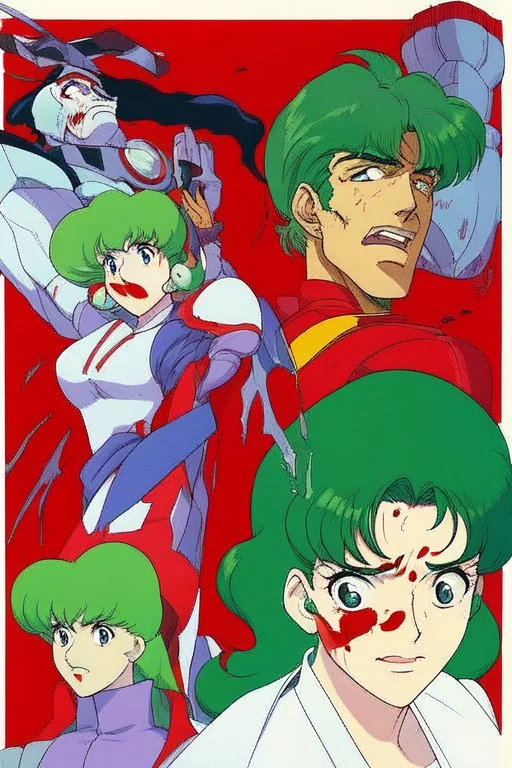 90s anime sci fi green hair space Captain girl blood on face scared, rattled and shook, violent atmosphere, retro manga style, hyper detailed, Japanese horror, junji ito,