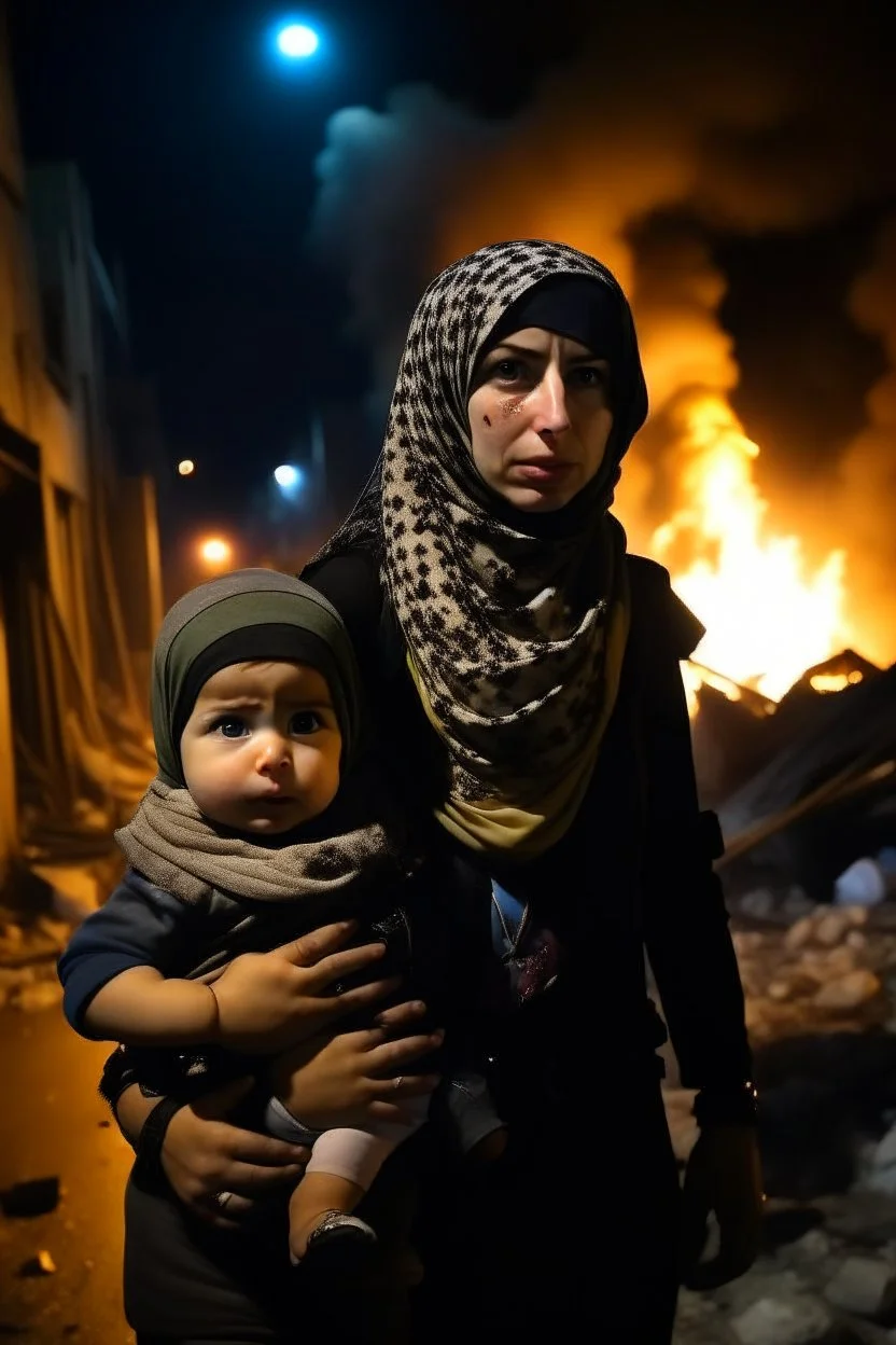 Palestinian girl wears Palestinian keffiyeh Carrying a nude small child , Destroyed Buildings , with a Explosions, at night