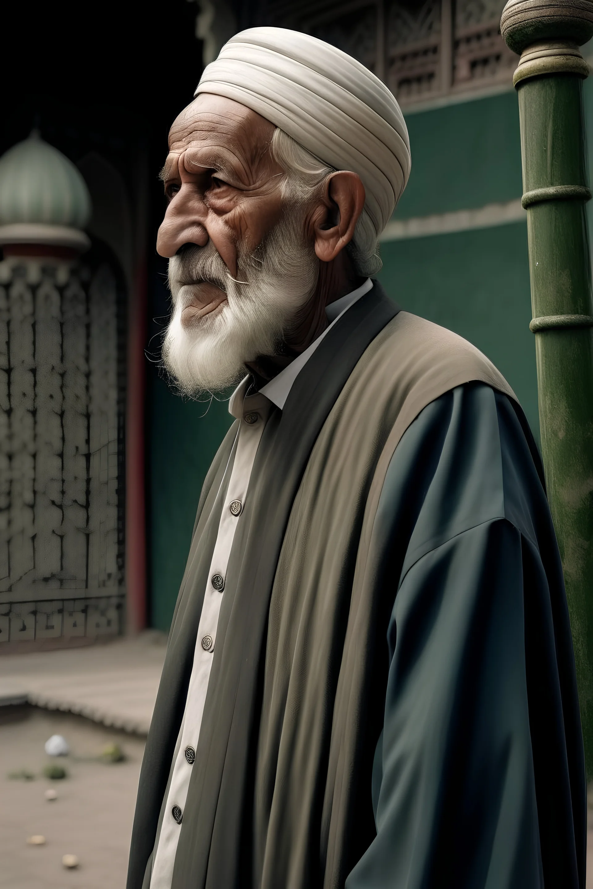 Un homme musulman âgé et sage, debout, appuyé sur un bâton, derrière lui une mosquée, regardant vers l'avant.