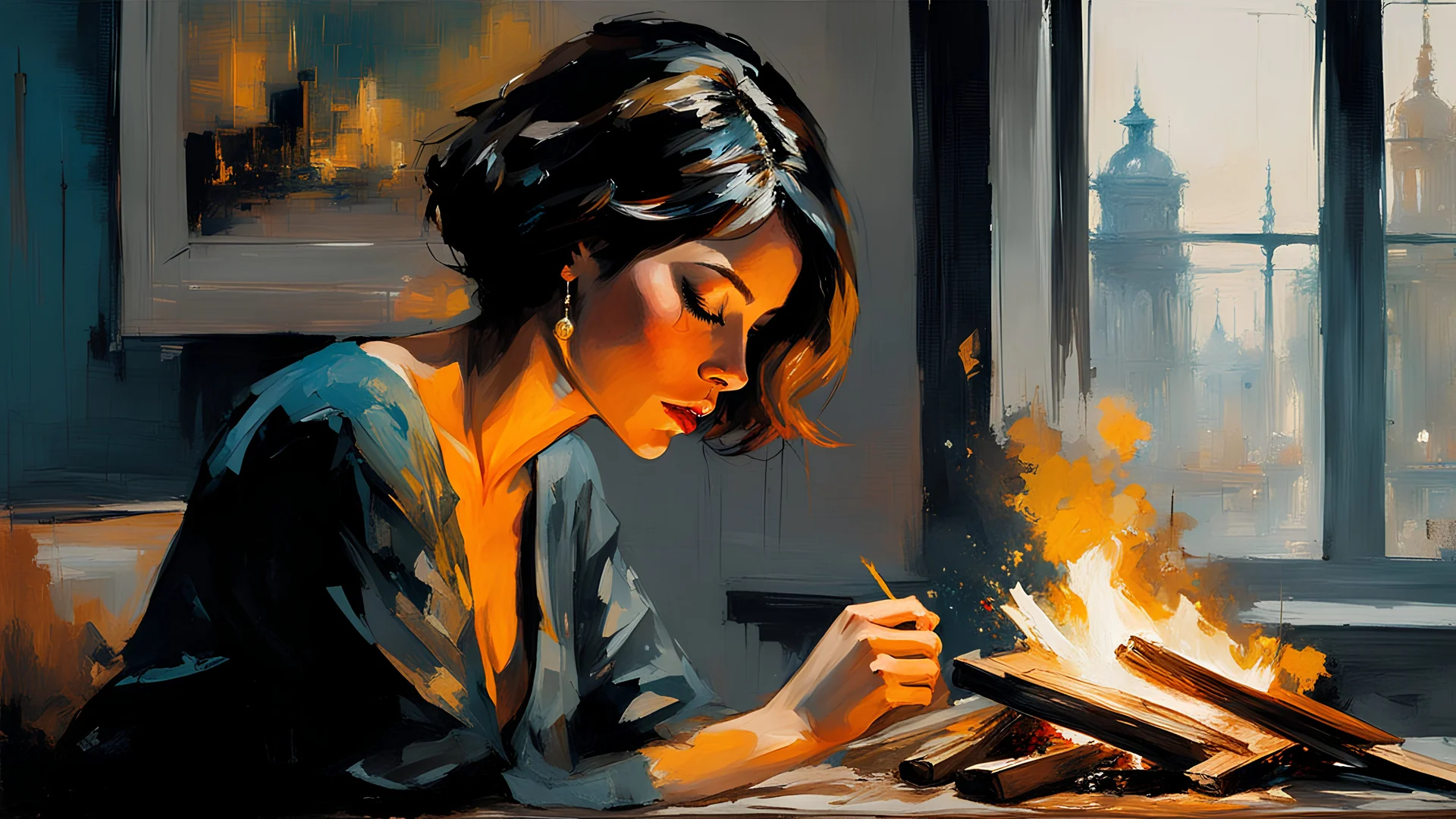 brunette woman with bob hair sitting by a fireplace crying while looking at a photograph :: by Robert McGinnis + Jeremy Mann + Carne Griffiths + Leonid Afremov, black canvas, clear outlining, detailed