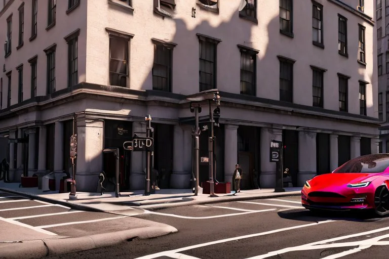 A Tesla 'Model S' is going at a high speed, near the building of the 'Friends' series in New York. (CINEMATIC, WIDE ANGLE LENS, PHOTO REAL)