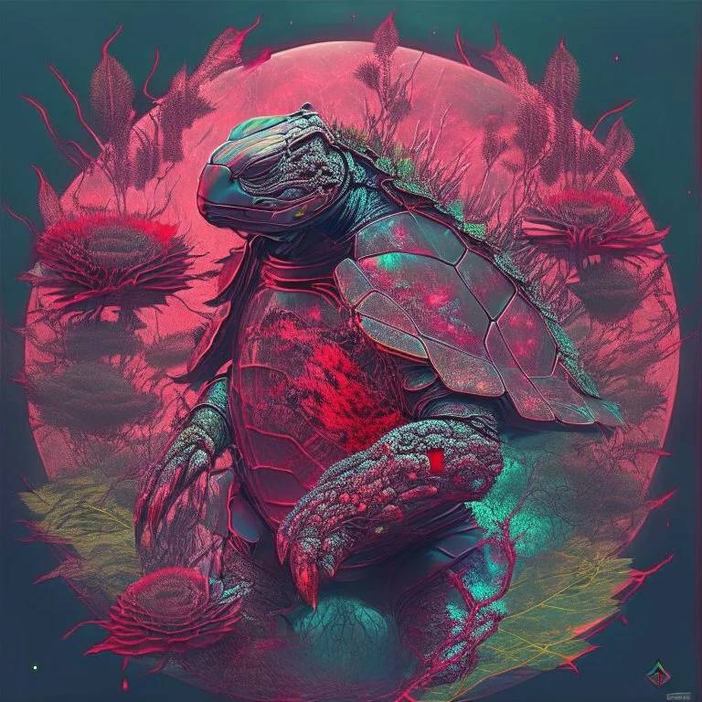 spatial turtle samurai, iridescent, blood, futuristic, guts, wildflower, cosmic, intricate, darkred tones,sidhe, ominous, nature, plants,