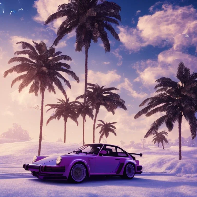 1980's aesthetic vaporwave palm trees with spheres with porsche in the winter snow with lightning