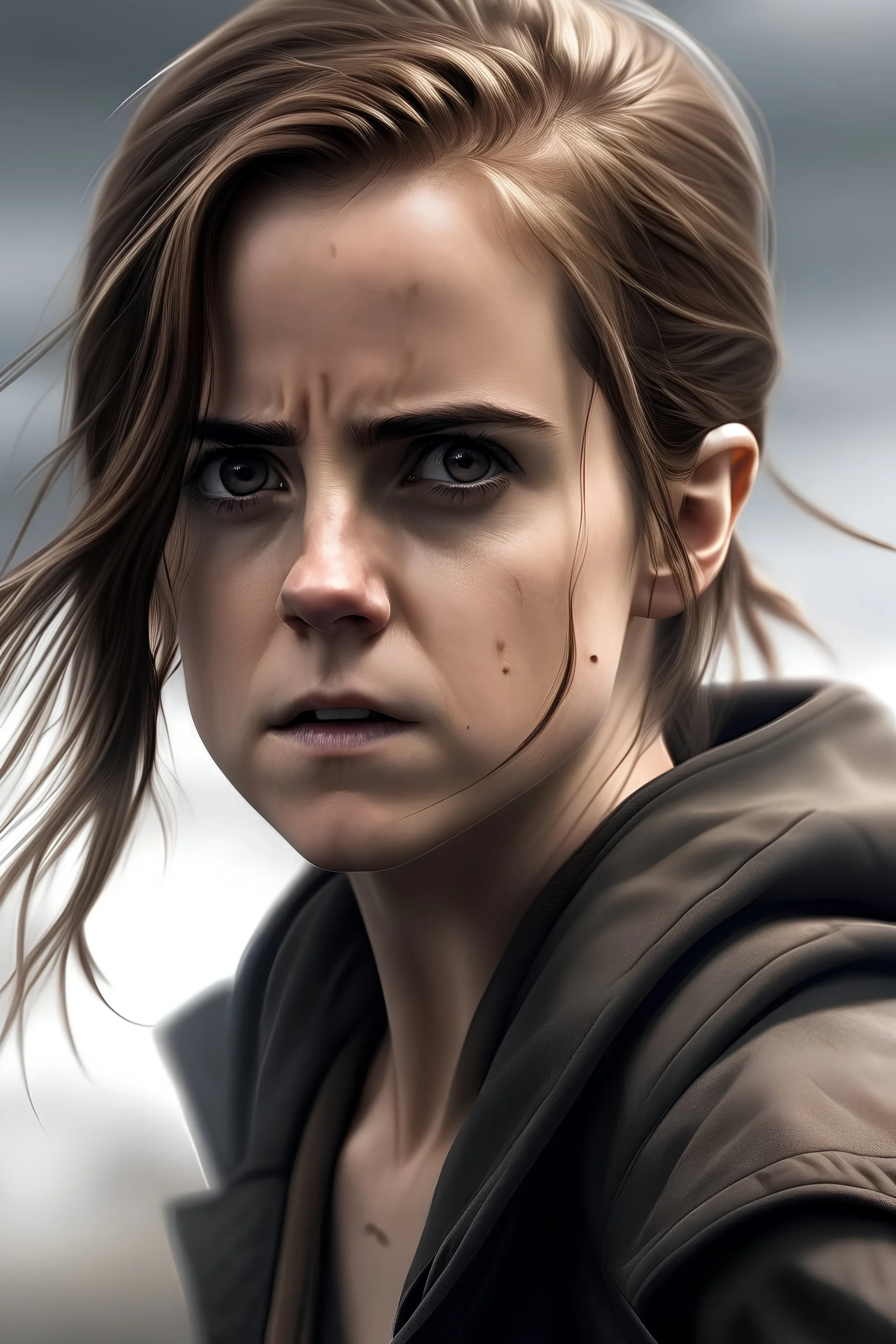 Beautiful Emma Watson, angry face, hight ankle boots, ponytail hair, 4K resolution, Full HD, image, sharp picture, extreme realistic photo