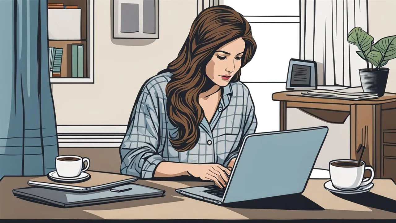 photo a woman hiding under bed and working on a laptop, she has half-length brown hair and wearing pajamas , pale light, half socks and a mug of coffee next to her, high detalied, sharp focus, high realistic photo, perfect shot