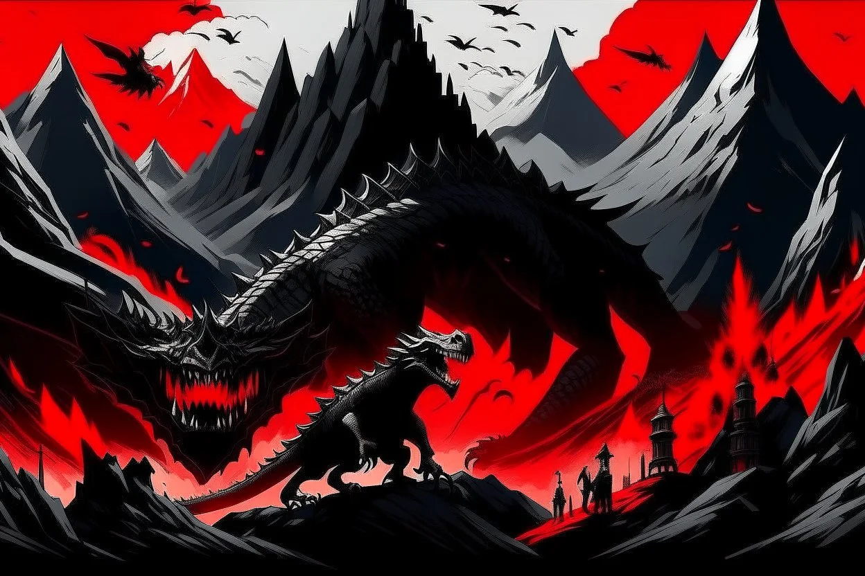 mountains, red and black, temple, dinosaur