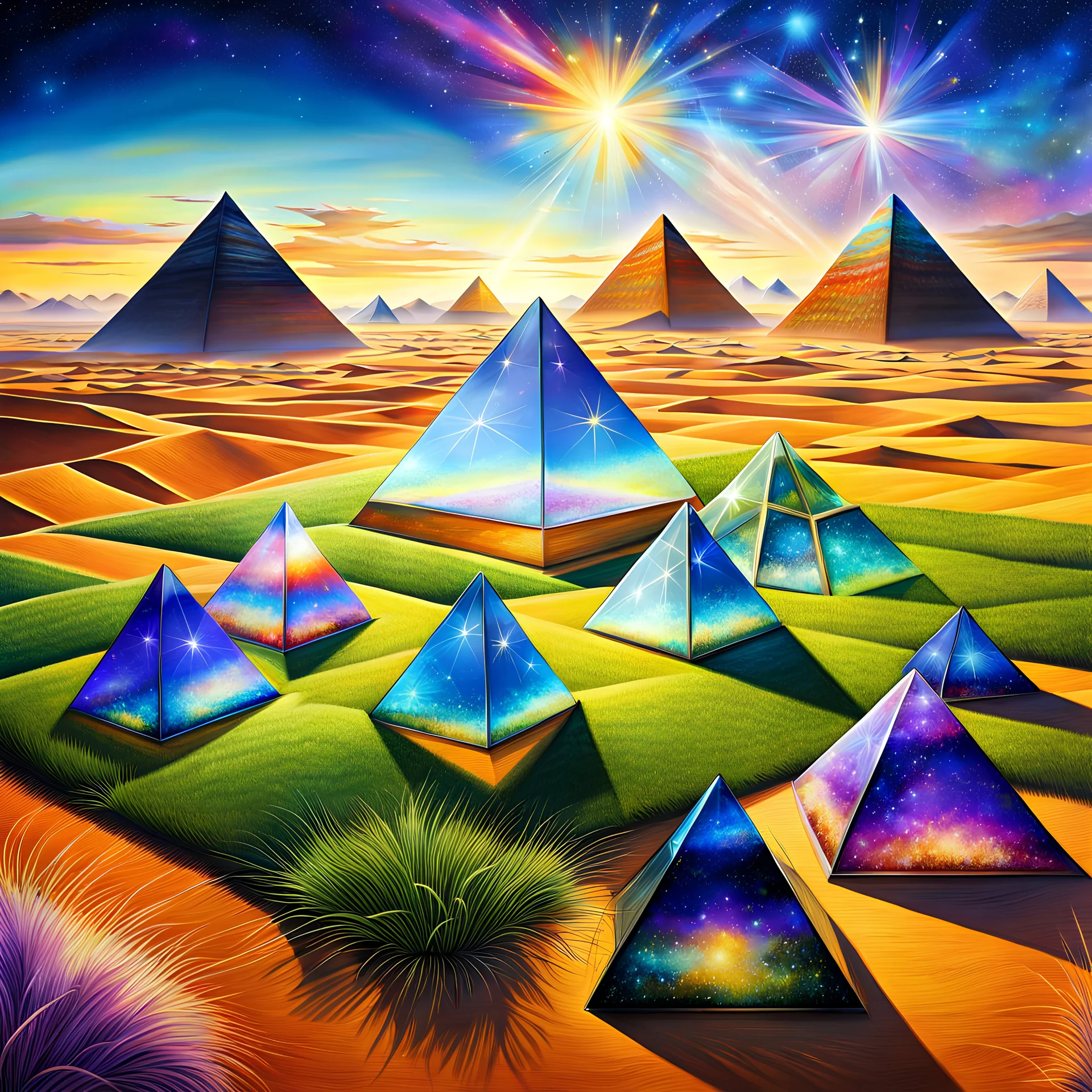 Phoenix Egypt. Glass pyramids. And colorful grass like stars Fantasy, Perfect Anatomy, Imagination, Lifelike, Award Winning Masterpiece, Highly Detailed Aerial Oil on Canvas Wall Art Josephine