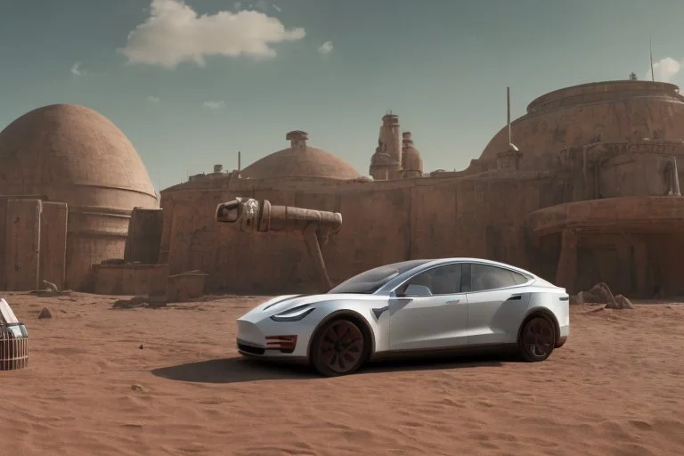 A Tesla 'Model Y' is parked, in Mos Eisley on the planet Tatooine. (CINEMATIC, WIDE ANGLE LENS, PHOTO REAL)
