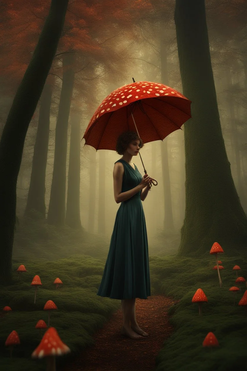 tall slim woman in a dress, in a forest, holding an umbrella made from a fly agaric mushroom, detailed matte painting, deep colour, fantastical, intricate detail, complementary colours, fantasy concept art, 8k resolution, Unreal Engine 5