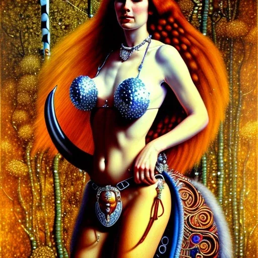 Retrato al oleo de cuerpo entero de Red Sonja bella a caballo al estilo de Gustav Klimt