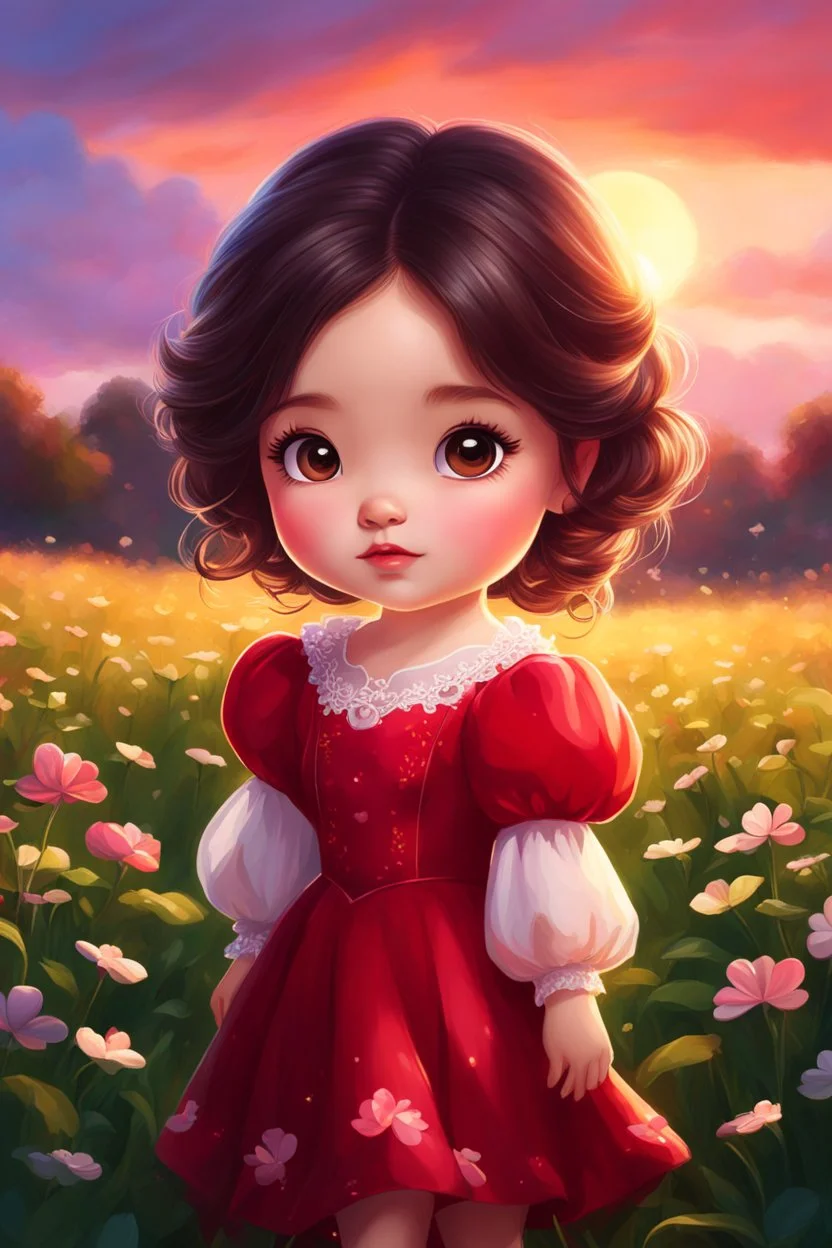 Digital painting of a cute little girl in a gorgeous red puffy sleeve dress, front view, cute chibi face, dark hair, glowing eyes, rosy cheeks, red lips, sunset, back light, clover field in the background, Disney art, digital painting style, High Quality, 4k