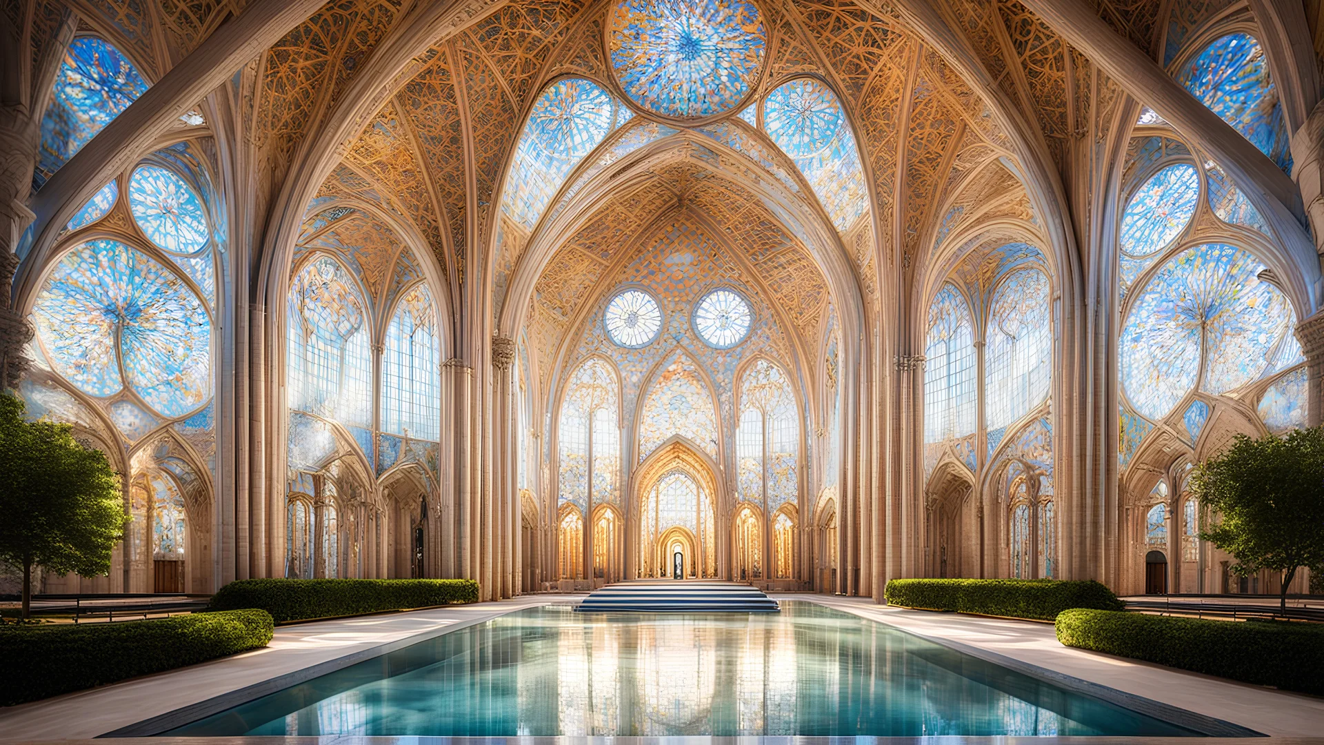 futuristic fantastic symmetrical cathedral interior view in peaceful parkland, year 2160, sunshine, beautiful, colorful, totally symmetrical design, style Antoni Gaudí, style Shigeru Ban, innovative architecture, award-winning photograph, awesome, serene, inspiring, spiritual, impressive, Cinematic lighting, Epic composition, Photorealism, Very high detail, Unreal Engine, Octane render, HDR