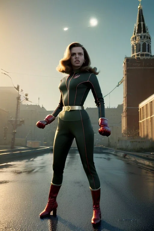 retro portrait image from 1960, Moscow background, wind, long red hair, fighting stance, sweet young Scarlett Johansson, classic tight lycra black suit, weapon, gold bracelet and belt, high heel boots, soft color, highly detailed, unreal engine 5, ray tracing, RTX, lumen lighting, ultra detail, volumetric lighting, 3d, finely drawn, high definition, high resolution.