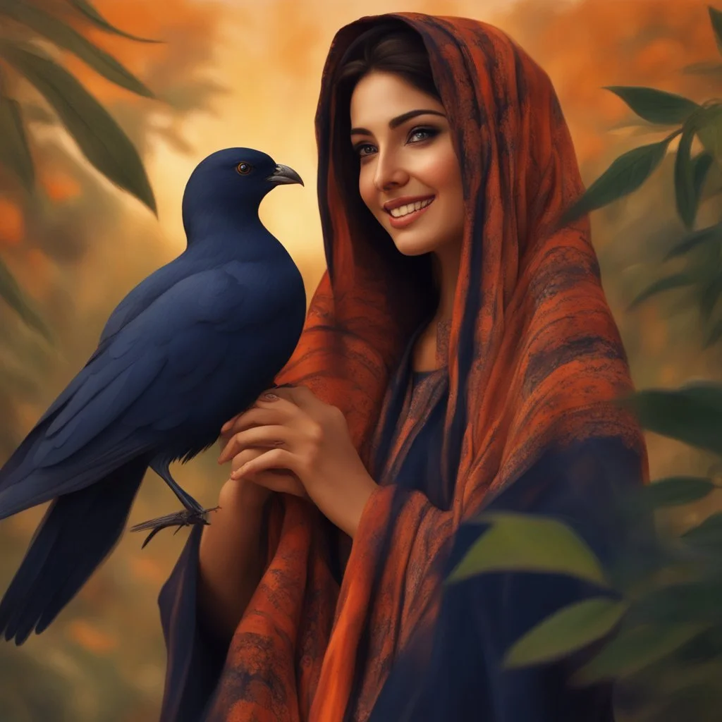 Hyper Realistic close-up-view of a Beautiful-Young-Happy-Pashto-Woman-with-beautiful-eyes-smiling-with-a-bird-on-his-hand with navy-blue-dress-&-orange-shawl & breeze-whirling in a jungle-with-tall-trees & cloudy-sunset-&-sun-rays showing dramatic & cinematic ambiance