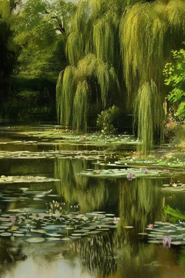 A beautiful classical painting of a cute pond with willows