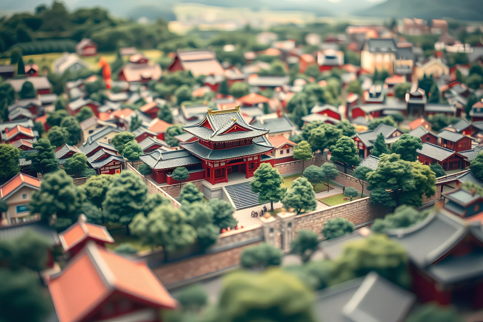 Diorama style birds-eye toy-like tilt shift image of 1700s Japanese city with temple and walls and lots of trees