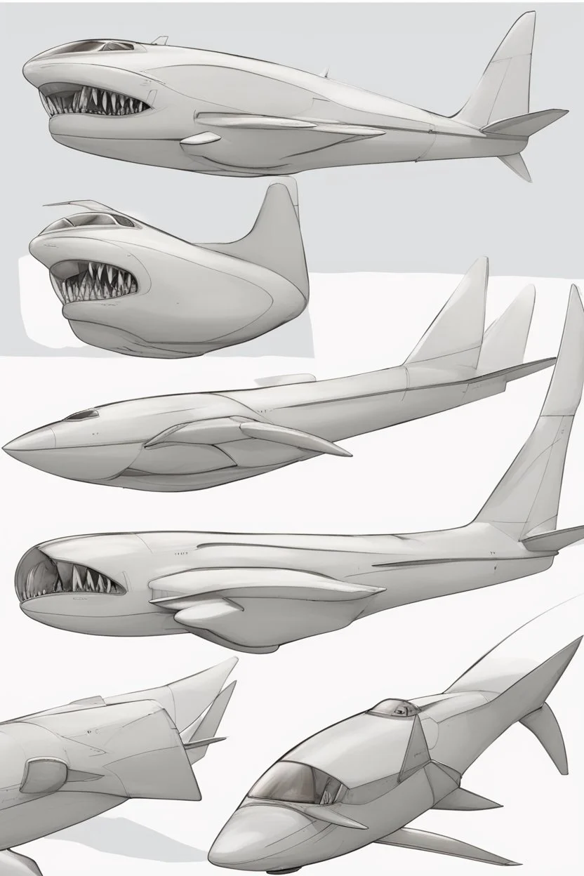 aeroplane inspired by shark with side view , quarter rear and front view