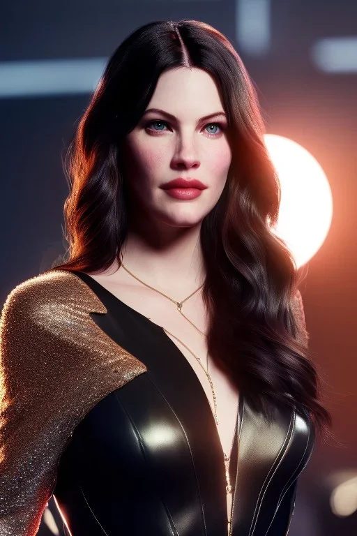 Liv Tyler has angel wings. She has beautiful eyes. Her hair flies in the air., closed eyes, rtx, reflection, 8k, glow, winning photography, caustics