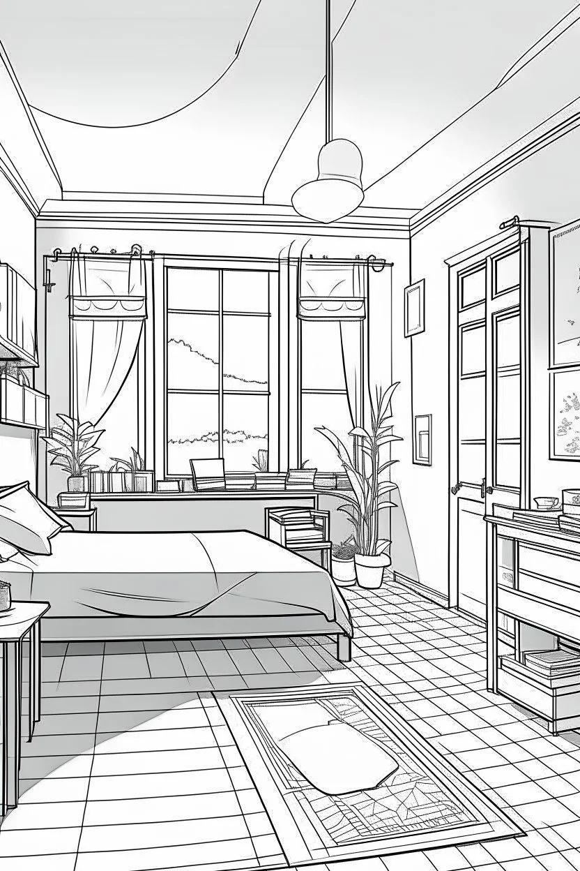 Outline art, house interior design, bedroom, no shading, no lines, cartoon style, --ar 9:11