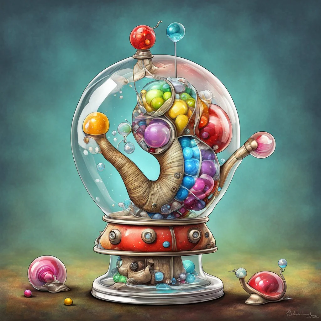 fantastical snail with a clear glass shell that is a gumball machine, digital illustration, HDR, Sharp, whimsical, minimal, surreal