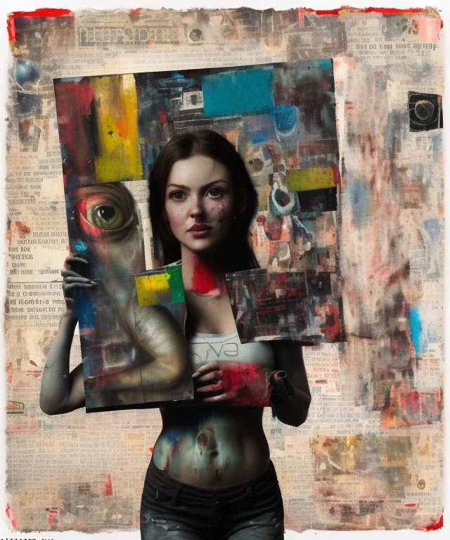 happy beautiful girl holding big proffesional camera in studio. street art, oil on canvas, spray paint, collage, letters, newspapeers, Dave McKean, Vladimir Fedotko, Saturno Butto, Vaughn Bodé, Frank Wu, James C. Christensen, collage, dirty, paint dripping, radiant