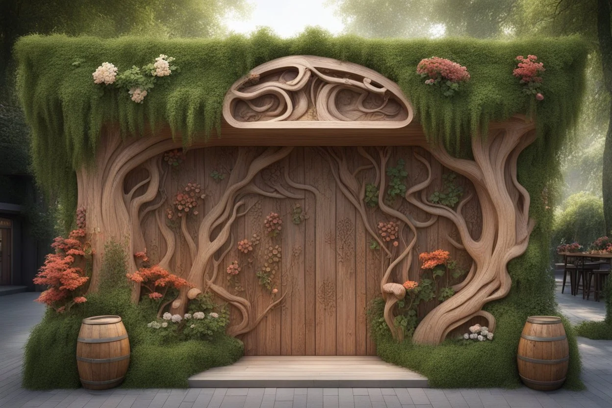 Декор и оформление: На фасаде можно разместить резные деревянные панели с изображениями сказочных персонажей: Бабы Яги, Лешего, Русалок и других. Используйте элементы флоры: плетёные лозы, деревянные бочки с цветами, кусты и деревья, чтобы создать ощущение, что кафе находится в самом центре леса. Ландшафтный дизайн: Вокруг кафе можно создать сказочный сад с аллеями, выложенными камнями, и фонтанами, где будут плавать уточки. Добавьте скамейки и столики из натурального дерева, окружённые цветам