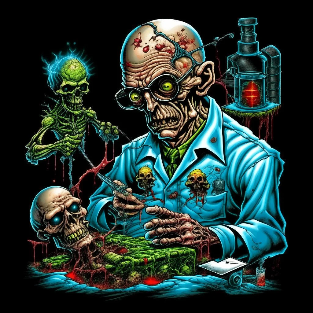 Science experiment Horror surgeon by Richard Corben, Todd Schorr, T-Shirt Design, Black Background