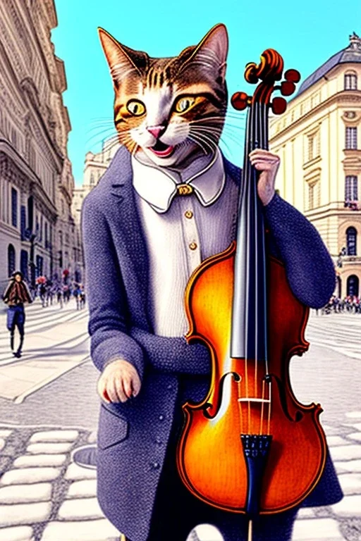 One single mature cat playing violin in the street , Vienna, smiling, sunny day, model style, hyper realistic, extremely accurate, delicate, extremely detailed, Graphic novel style, wide-angle, open aperture, superfine pencil