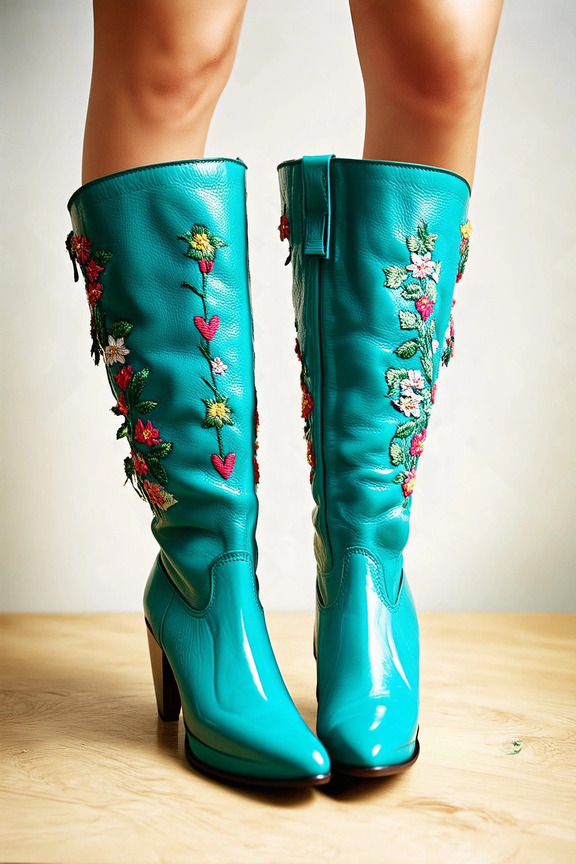 Embroidered Plastic boots, turquoise, old autochrome