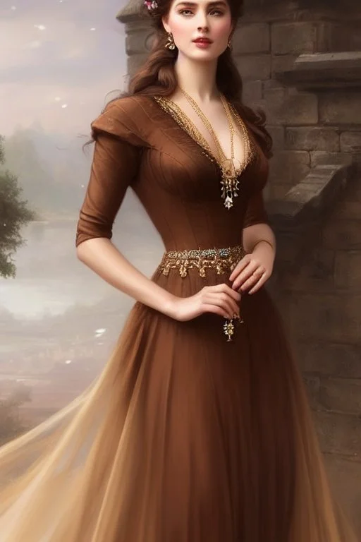 beautiful and gorgerous duchess with incredible jewellery in 19th century clothing by Greg Rutkowski and Artgerm and Emile Vernon and Vladimir Volegov, in a brown dress, mystical castle background, art illustration, natural beauty, muted colors, pastels, perfect fingers, higly detailed, expressive, high detail, symmetrical, digital painting, symmetrical eyes, dynamic lighting, artstation, cinematic lighting, intricate artwork, emitting diodes, smoke, artillery, sparks, racks, system unit, mother