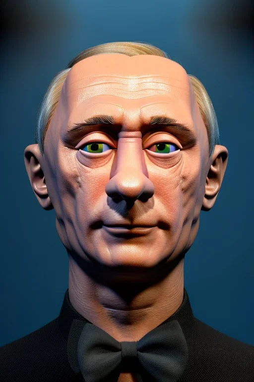 Waist up muppet Portrait, Vladimir Putin as muppet doll, Black suit, photo studio, blue background, unreal engine 5, concept art, art station, god lights, ray tracing, RTX, lumen lighting, ultra detail, volumetric lighting, 3d.