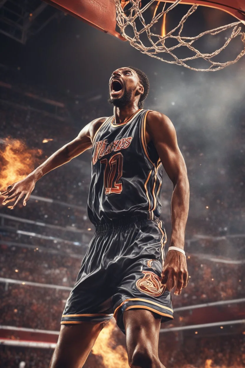 8k, highly realistic and detailed image of a NBA basketball player in action dunking the ball in the net, sweaty hair, screaming look,action and smoke and flames background