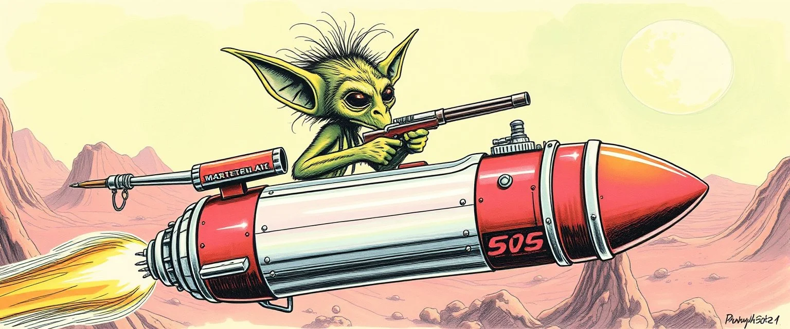 hairy macho gremlin aliens living in a hi tech marvellous hot dog rocket with a mounted sling shot, heading for venus, airbrush with pen outline