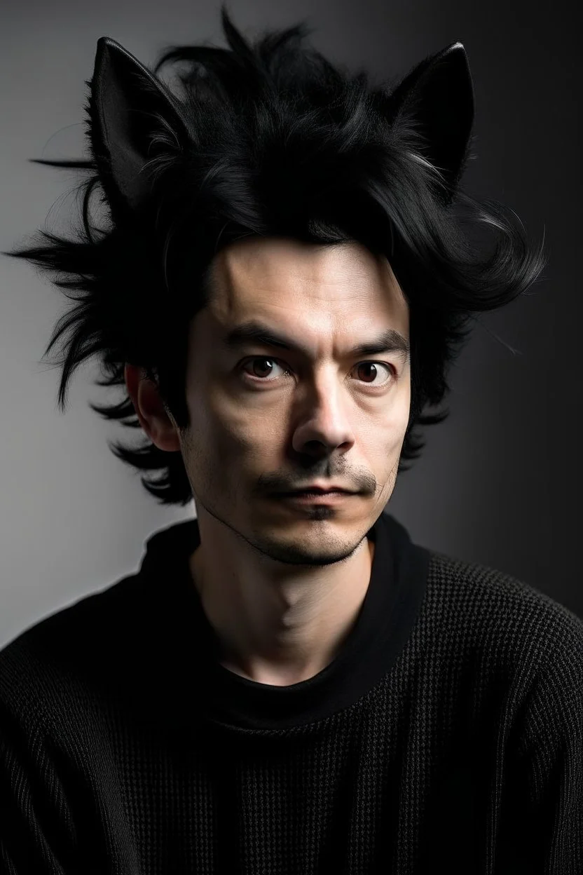 An adult man with messy black hair, large black cat ears and tail