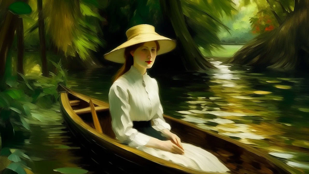 Impressionist painting: Woman with dark hat and white dress in a dark boat, reflecting on calm waters surrounded by ochre and green vegetation.